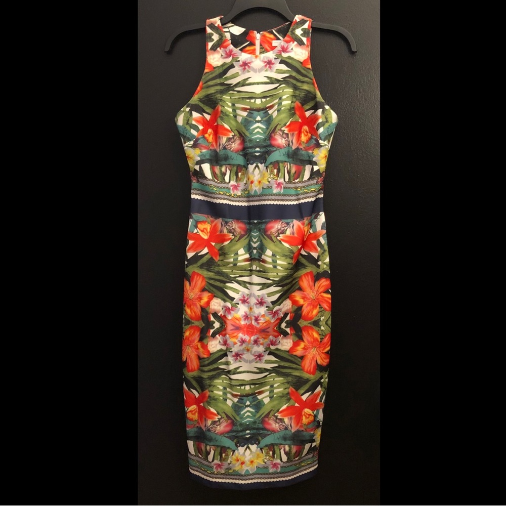 NY&Co Tropical Midi Dress - Orange, Green, Navy
